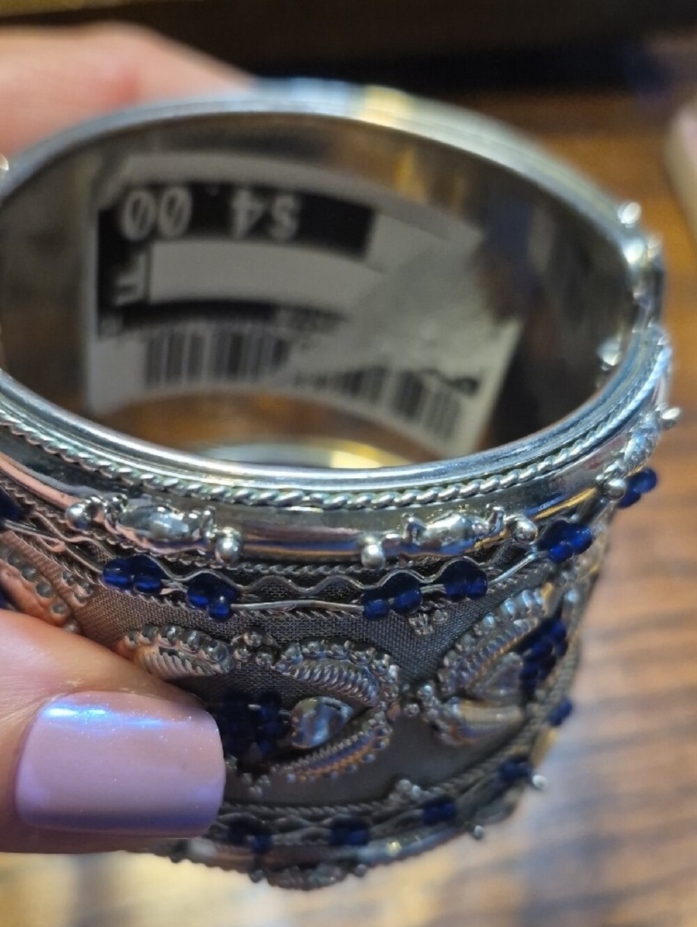 Vintage Silver and Blue Fashion Mesh Silver tone Cuff Bracelet Moroccan Inspired - Picture 7 of 9